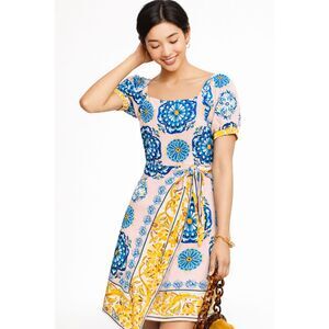 Maeve Anthropologie Medallion Print Square Neck Tie Waist Resort Mini Dress 4